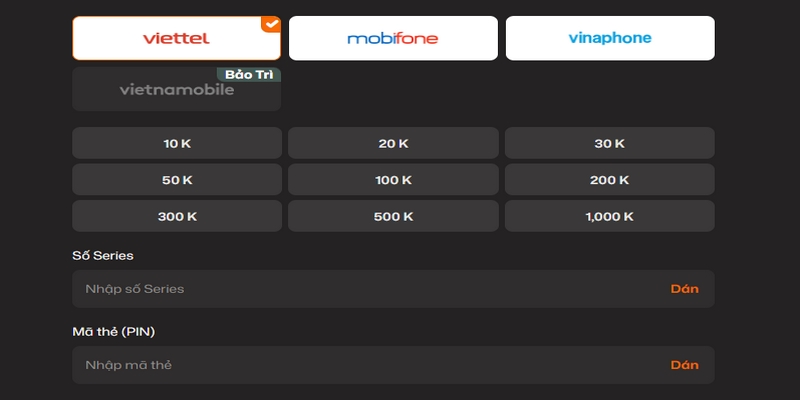 Nạp tiền vào tài khoản va88 bằng thẻ cào của các nhà mạng dễ dàng